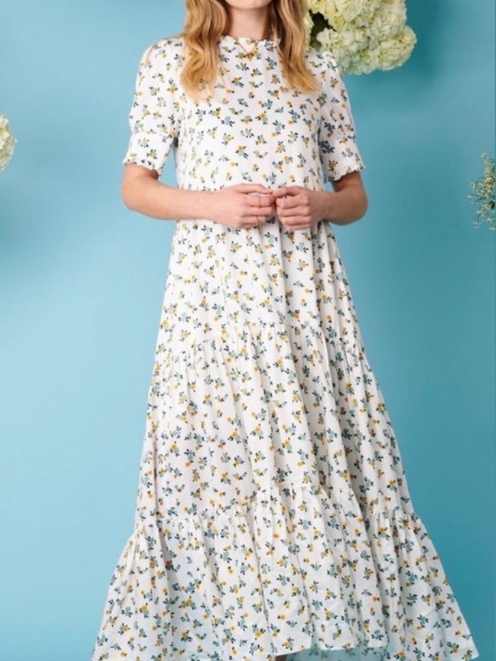 Sister Jane White Floral Tiered Maxi Dress with Yellow & Green Print